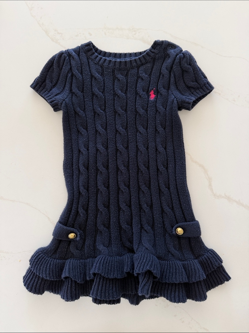 Ralph Lauren Navy Cable Knit Short Sleeve Dress with Pink Pony
